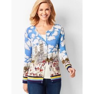 Talbots Cardigan Sweater Womens 2X Blue London Scenic Print Excellent Button Up